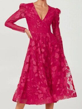 HELSI Women's Pink Parker Long-Sleeve Embroidered Leaf MIDI Dress Size XS